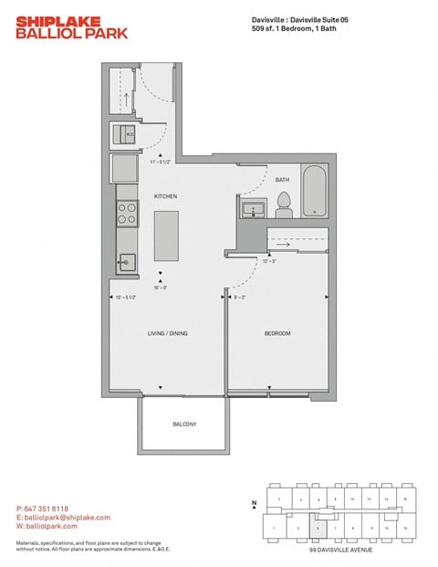 Floor plan for 1 bed, 1 bath, 509 sqft